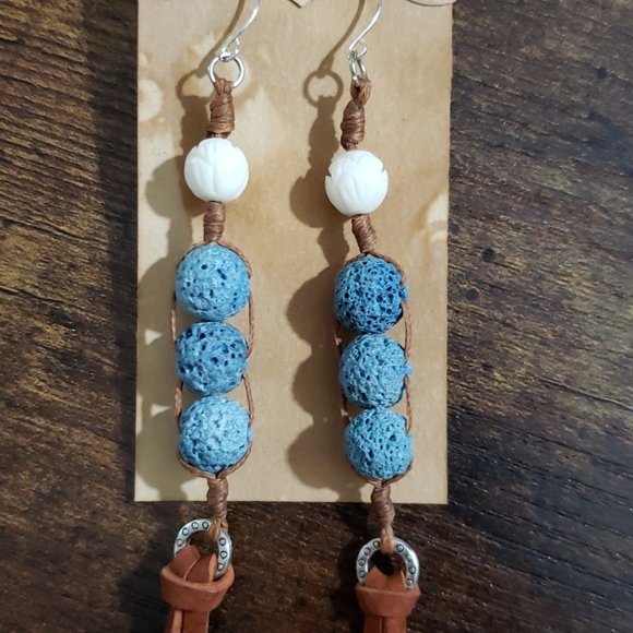 Blue white leather drop boho earrings statement - Picture 2 of 4